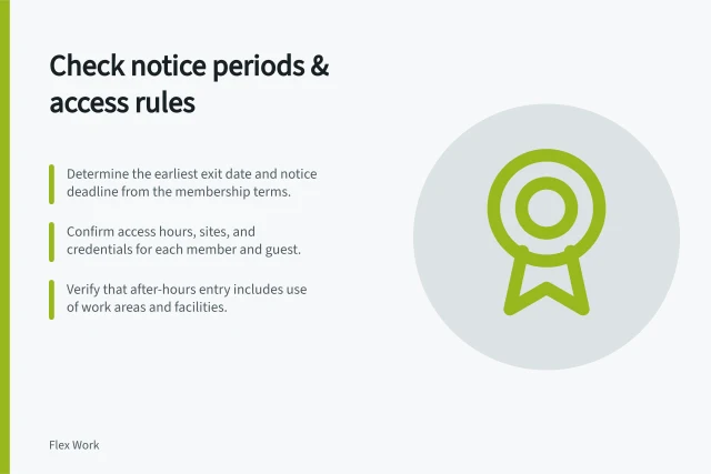 Check notice periods & access rules: Determine the earliest exit date and notice deadline from the membership terms.; Confirm access hours, sites, and credentials for each member and guest.; Verify that after-hours entry includes use of work areas and facilities. Checking notice periods and access restrictions