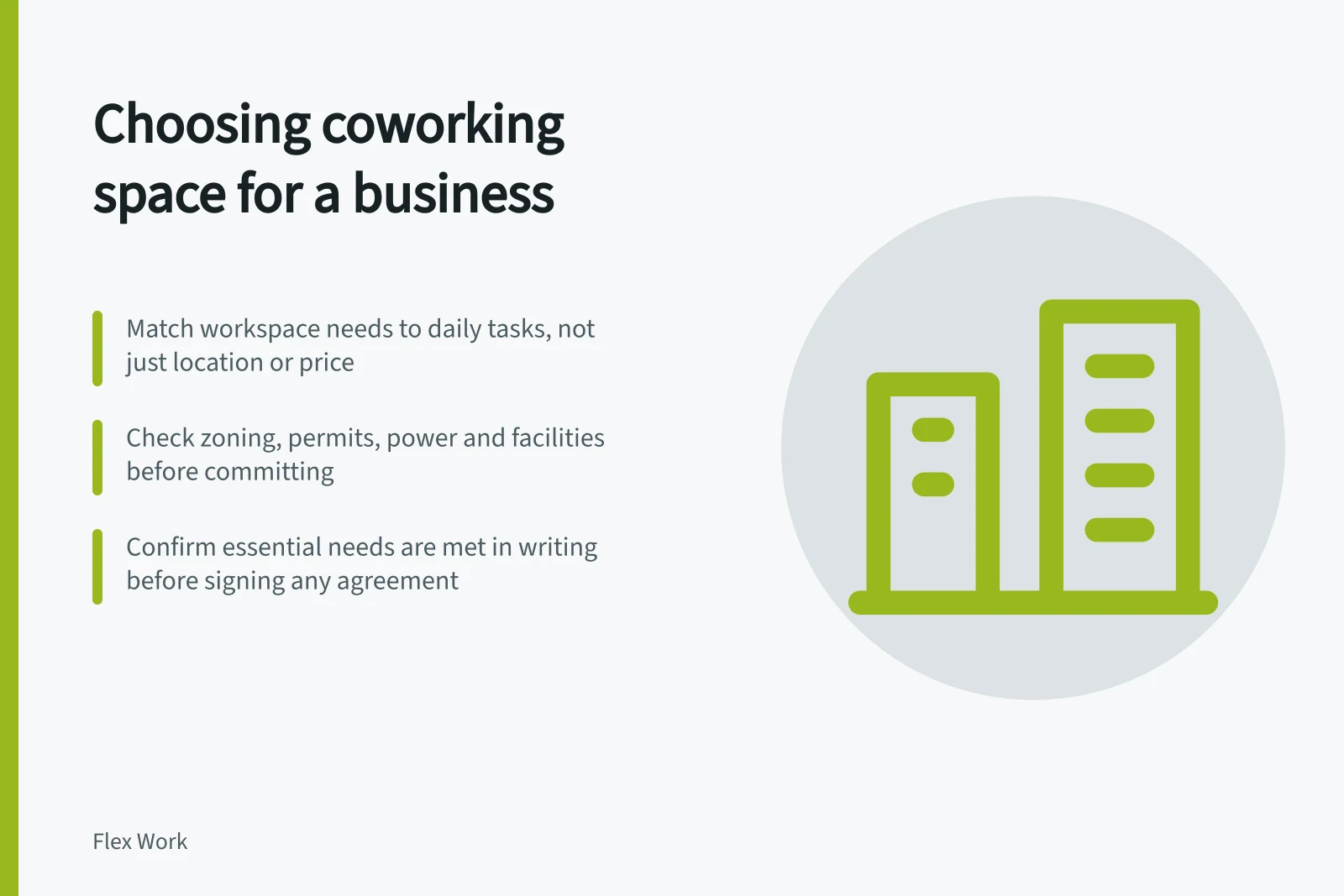 Choosing coworking space for a business: Match workspace needs to daily tasks, not just location or price; Check zoning, permits, power and facilities before committing; Confirm essential needs are met in writing before signing any agreement