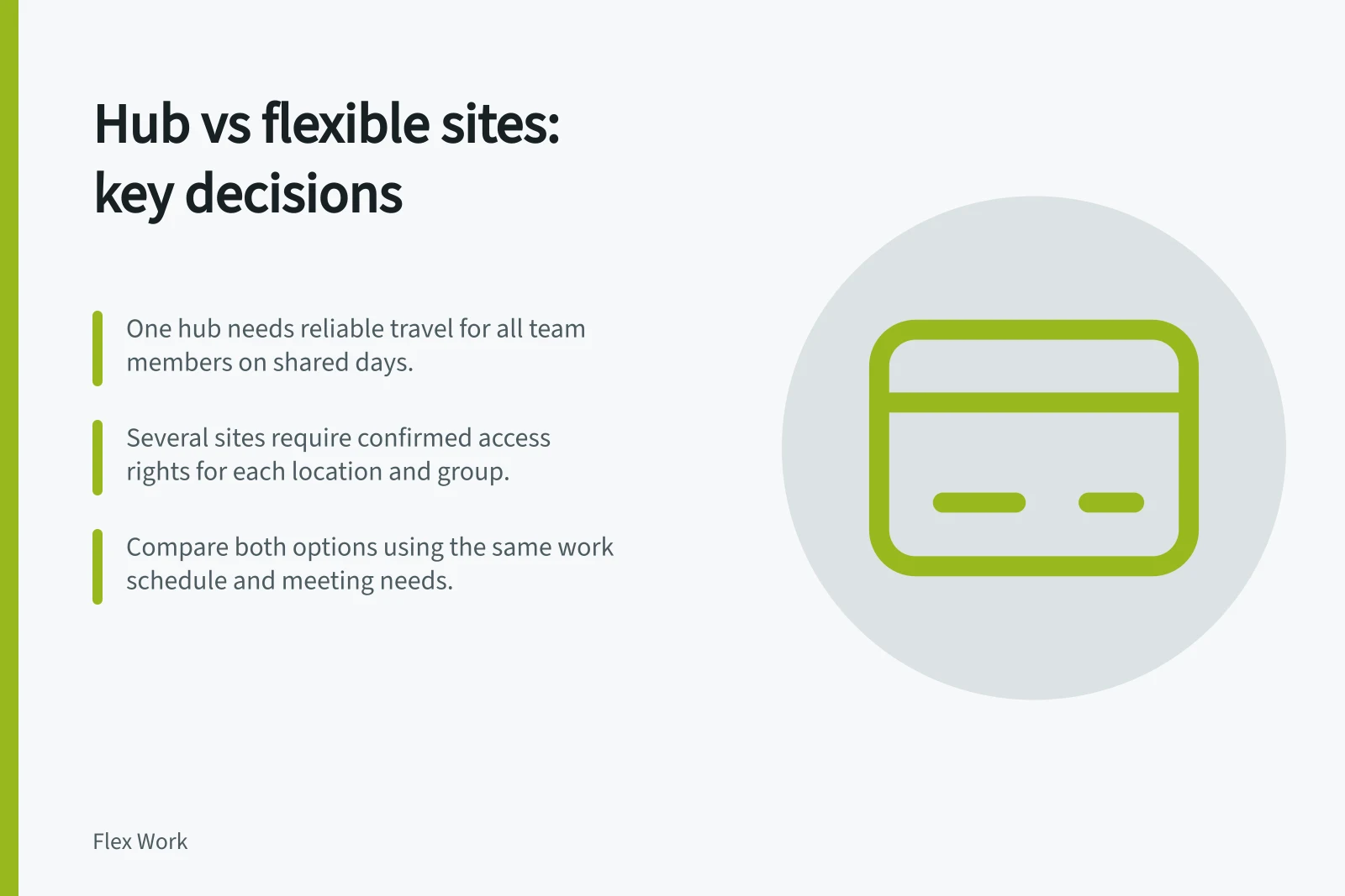 Hub vs flexible sites: key decisions: One hub needs reliable travel for all team members on shared days.; Several sites require confirmed access rights for each location and group.; Compare both options using the same work schedule and meeting needs.