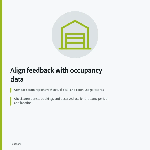 Align feedback with occupancy data: Compare team reports with actual desk and room usage records; Check attendance, bookings and observed use for the same period and location; Use matched evidence to decide on space rules or changes. Comparing team feedback with occupancy records