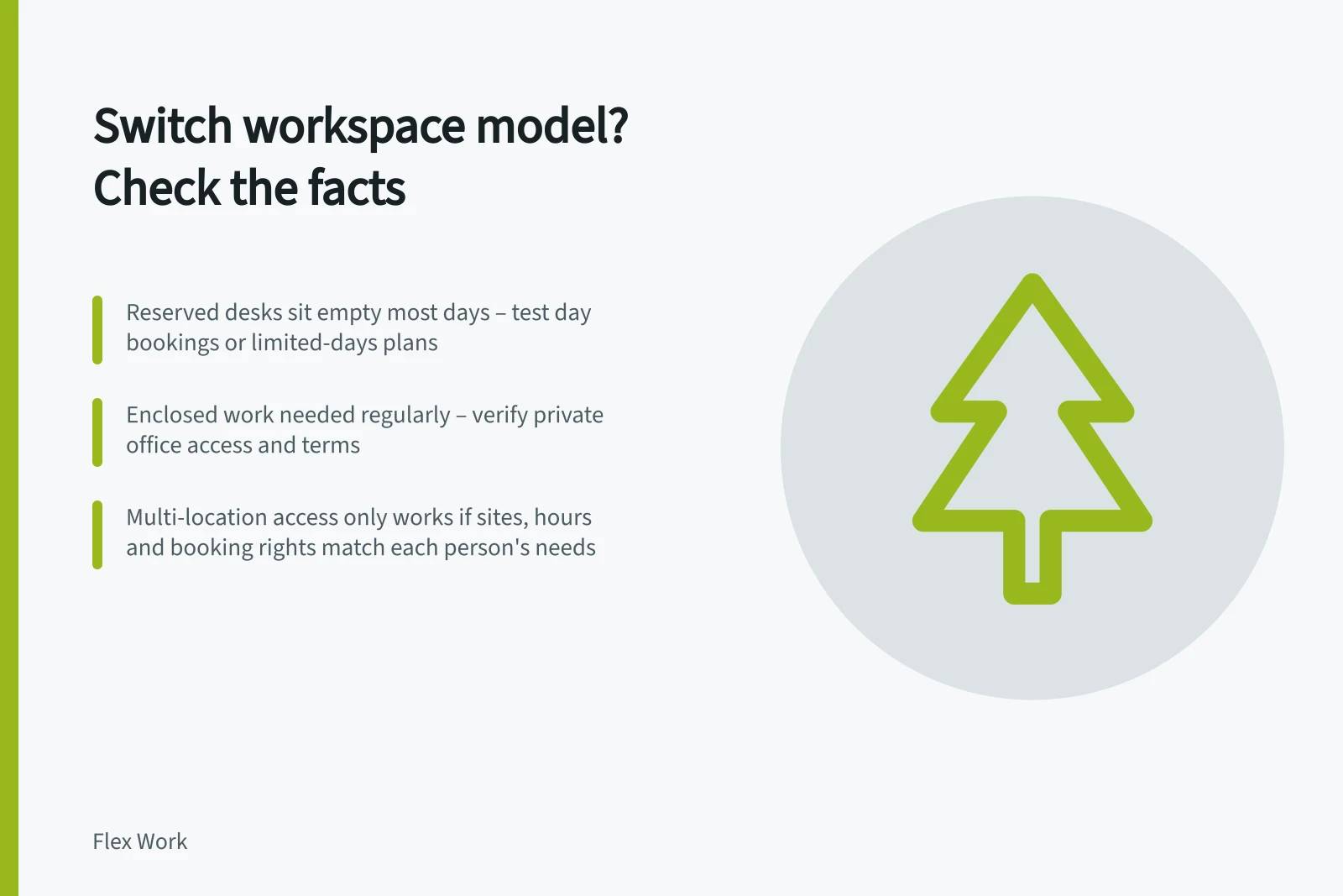 Switch workspace model? Check the facts: Reserved desks sit empty most days – test day bookings or limited-days plans; Enclosed work needed regularly – verify private office access and terms; Multi-location access only works if sites, hours and booking rights match each person's needs