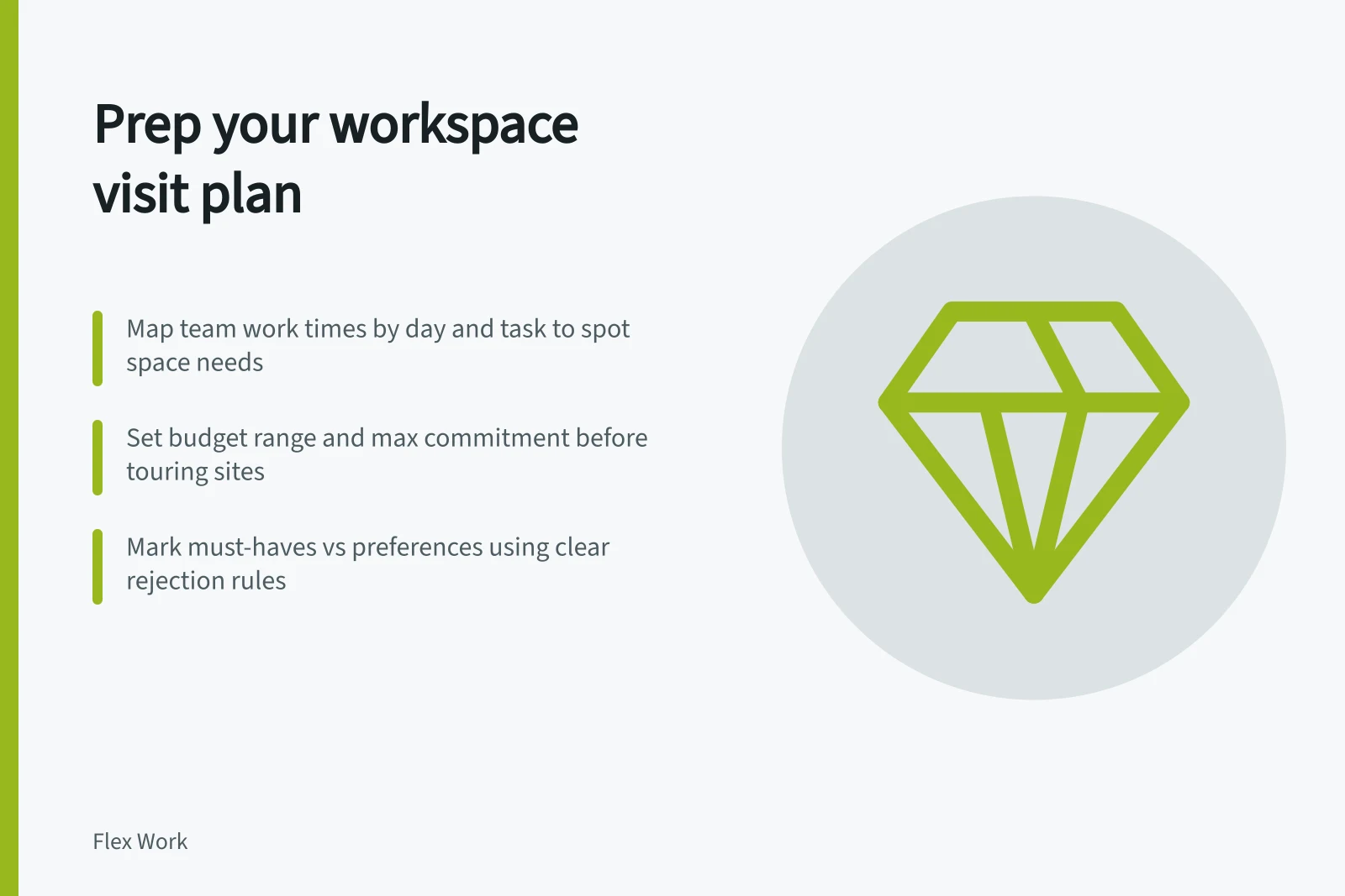 Prep your workspace visit plan: Map team work times by day and task to spot space needs; Set budget range and max commitment before touring sites; Mark must-haves vs preferences using clear rejection rules