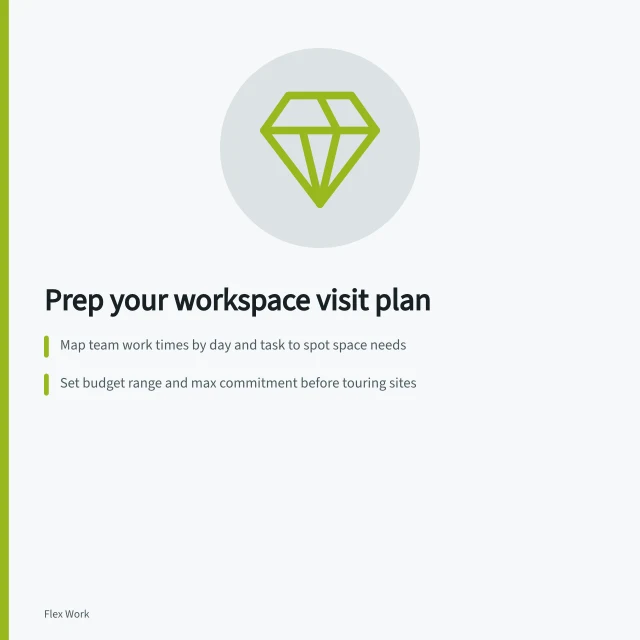 Prep your workspace visit plan: Map team work times by day and task to spot space needs; Set budget range and max commitment before touring sites; Mark must-haves vs preferences using clear rejection rules. Defining workspace needs before a site visit