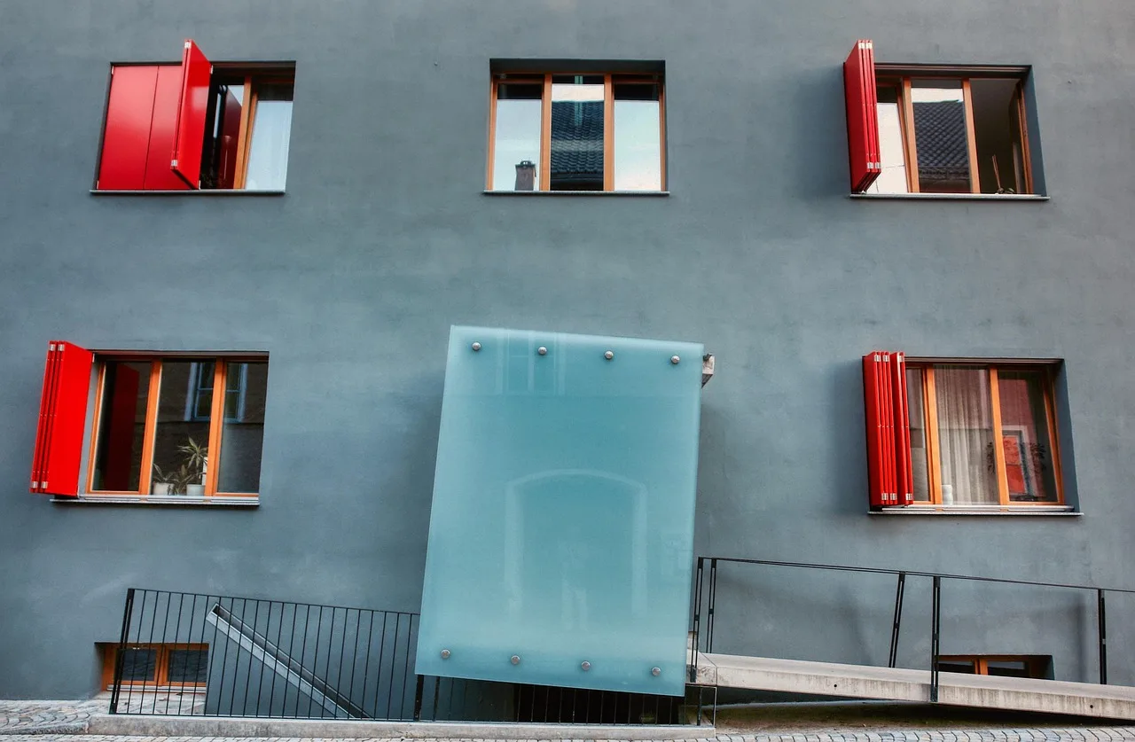 facade, house building, architecture, window, city, modern, glass, building, shutter, red, wall, gray, entrance, ramp, barrier-free, aslant, protection glass, window glass, reflection, landsberg, ramp, ramp, ramp, ramp, ramp, barrier-free, barrier-free, barrier-free