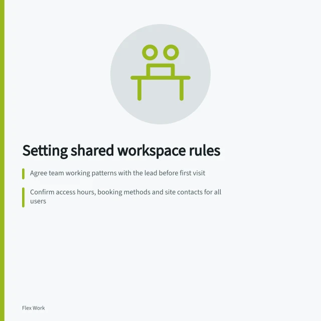Setting shared workspace rules: Agree team working patterns with the lead before first visit; Confirm access hours, booking methods and site contacts for all users; Define clear rules for room use, guest entry and problem reporting. Introducing a team to shared-space expectations