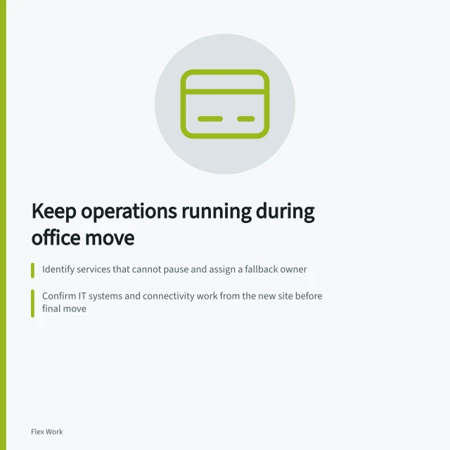 Keep operations running during office move: Identify services that cannot pause and assign a fallback owner; Confirm IT systems and connectivity work from the new site before final move; Update ABN and ASIC company address within 28 days using Form 484. Keeping business operations running during an office move