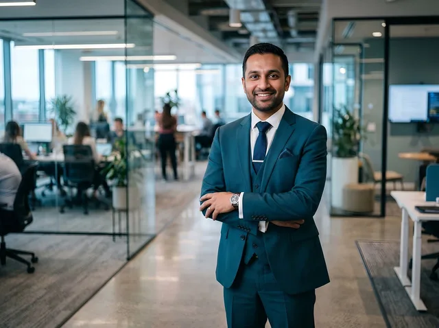 businessman, corporate portrait, confident smile, teal suit, arms crossed, office hallway, glass partition, wristwatch, pocket square, tie clip, professional headshot, executive, business leader, modern office, coworking space, indoor lighting, standing pose, formalwear, manager, entrepreneur. Planning coverage for a coworking manager's absence