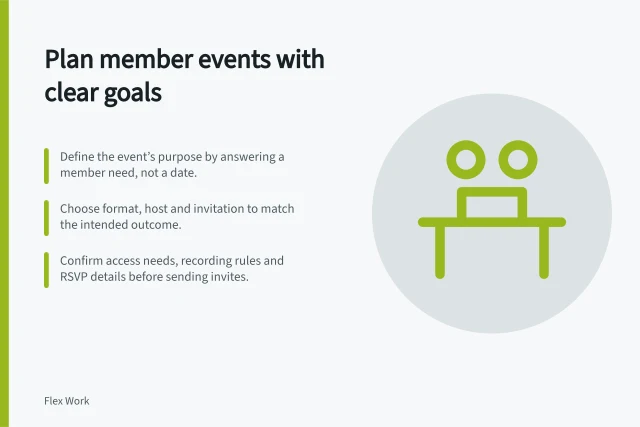 Plan member events with clear goals: Define the event’s purpose by answering a member need, not a date.; Choose format, host and invitation to match the intended outcome.; Confirm access needs, recording rules and RSVP details before sending invites. Planning member events with a clear purpose