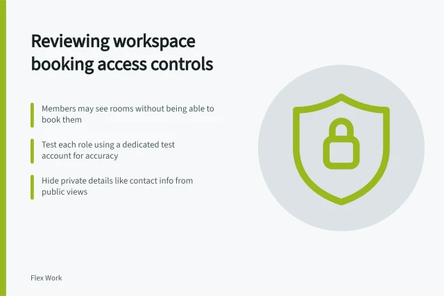 Reviewing workspace booking access controls: Members may see rooms without being able to book them; Test each role using a dedicated test account for accuracy; Hide private details like contact info from public views. Reviewing access controls in a workspace booking tool