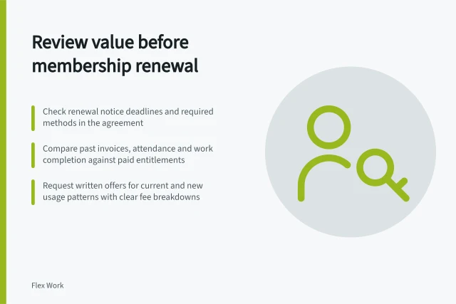 Review value before membership renewal: Check renewal notice deadlines and required methods in the agreement; Compare past invoices, attendance and work completion against paid entitlements; Request written offers for current and new usage patterns with clear fee breakdowns. Reviewing value before a membership renewal