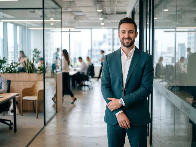 businessman, casual professional, blue suit, beard, confident pose, glass office, natural light, modern workplace, city office, business leader, entrepreneur, smart casual, leather watch, ring, hands clasped, business environment, corporate lifestyle, workplace culture, indoor setting. Reviewing what a coworking membership actually includes