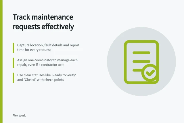 Track maintenance requests effectively: Capture location, fault details and report time for every request; Assign one coordinator to manage each repair, even if a contractor acts; Use clear statuses like 'Ready to verify' and 'Closed' with check points. Tracking maintenance requests from members